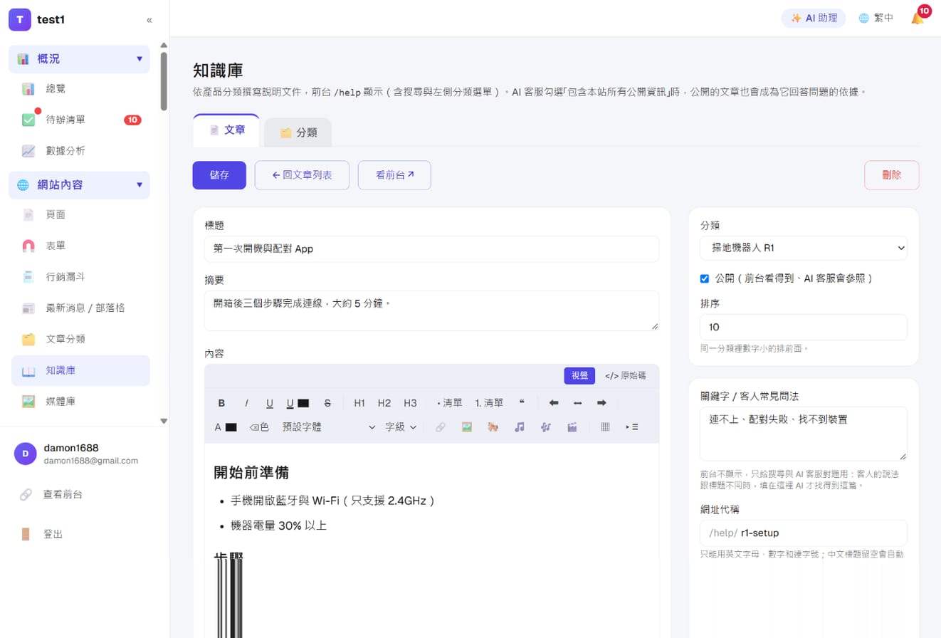 文章編輯:標題、摘要、內容、分類、公開、關鍵字/客人常見問法、網址代稱